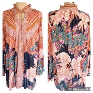 Umgee Floral Print Boho Dress Womens SMALL Bell Cuff Flowy Bohemian Fall